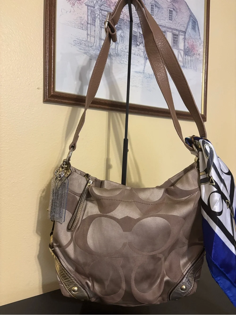 Coach Carly Brown Signature Hobo Bag with Blue Accent Scarf. 2008